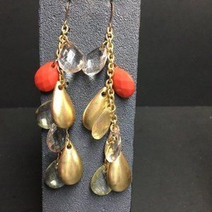 Teardrop Dangle Pierced Earrings Long Orange Gold Chain Clear Faceted Retro
